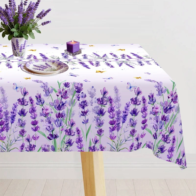 Mantel de Plástico Morado Lavanda para Primavera/Verano, Decoración para Fiestas de Boda, Mantel Rectangular con Diseño Floral para Mesa de Comedor
