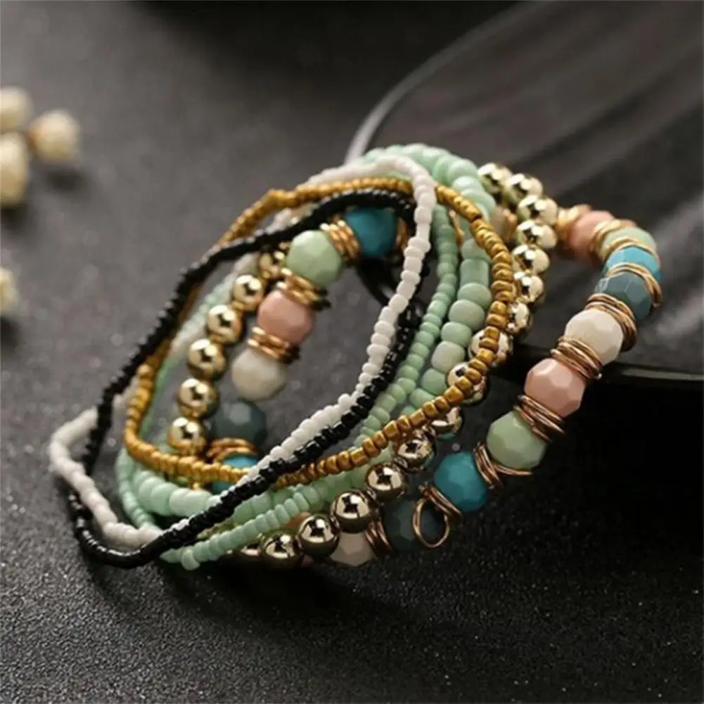 7Pcs/Set Women Boho Bracelets Bohemian Mix Style Multilayer Elastic Beaded Bracelets for Banquet Party Boho Jewelry Accessories