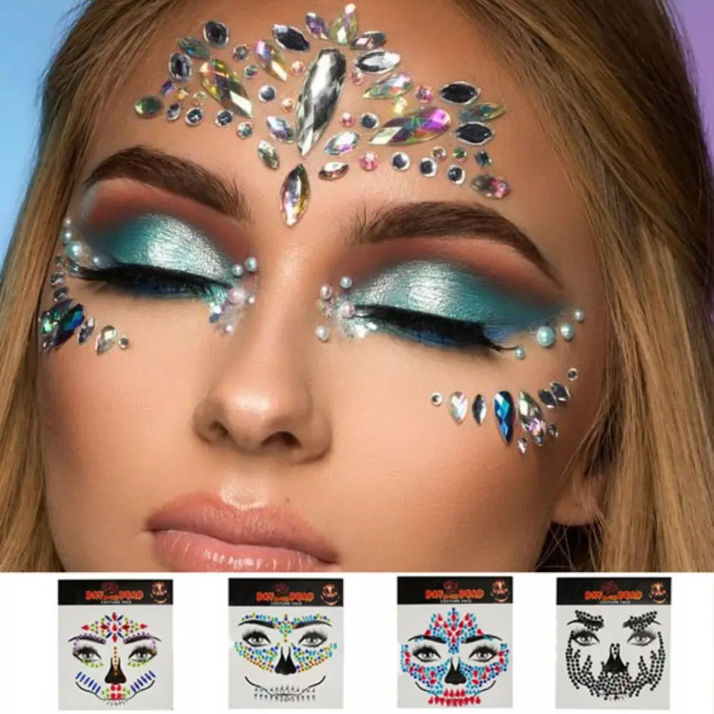 

Funny Rhinestone Face Sticker DIY Clown Makeup Halloween Fake Tattoo Cosplay Props Colorful Crystal Skull Face Sticker
