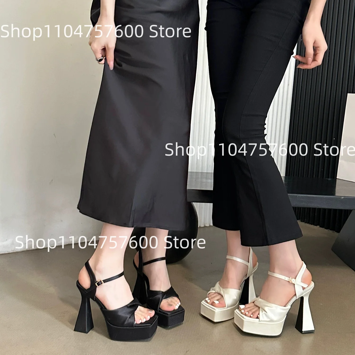 Women's Ivory Satin Twisted Knot Square Toe Platform Block Heel Sandals Elegant Luxurious Ankle Strap Ladies Weddings Dress Shoe