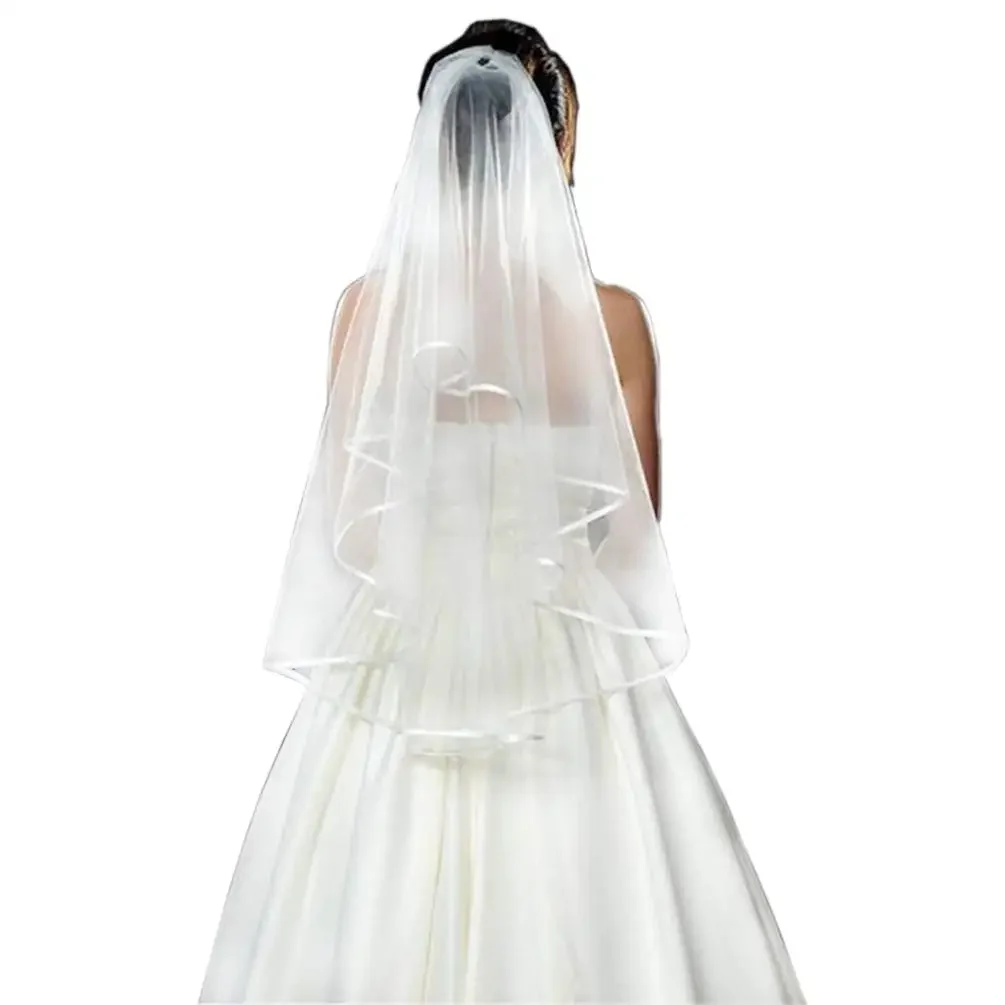 

Wedding Veil White Double Ribbon Edge Center Cascade Bridal with Comb Accessories