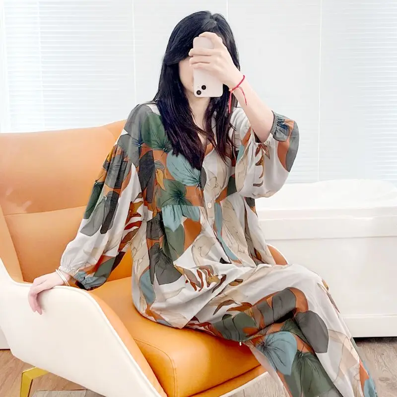 Baggy Pajama Sets Women Vintage Ladies Vacation Designed Gentle Leisure Home Lounge Harajuku Printed Chic Autumn Lantern Sleeve