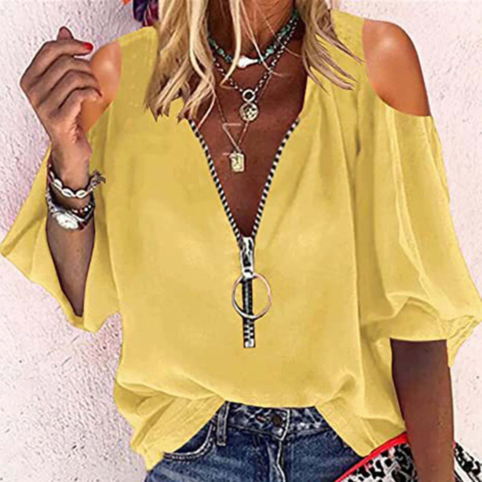 Women's Ultra-thin Shirt Blouse V-neck Front Zipper Puff Sleeve Shirts for Shopping Dating Outing