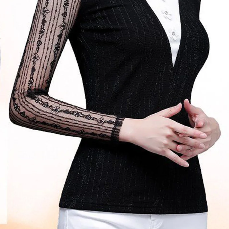 2024 New Summer Sexy Elegant Fashion Sweat Loose Office Lady Women's Shirt Korean Style Retro Lace Button V Neck Long Sleeve Top