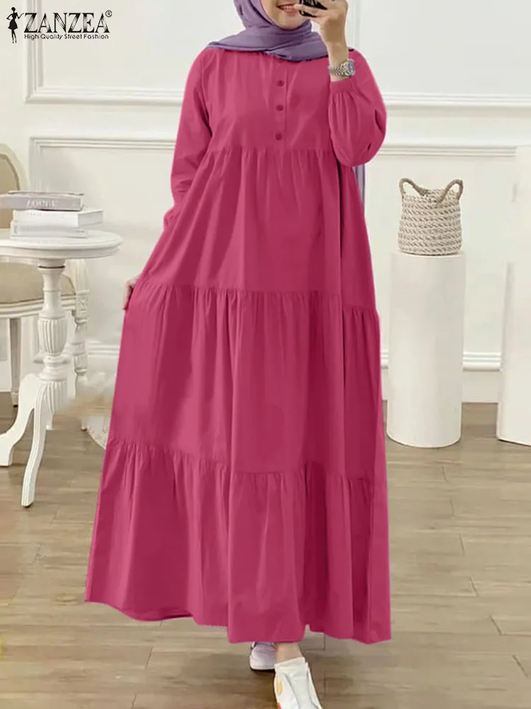 ZANZEA-muçulmano Abaya vestido de manga comprida para mulheres, babados sólidos, vestido kaftan, roupa islâmica, vestimenta Eid Mubarak, vestido da