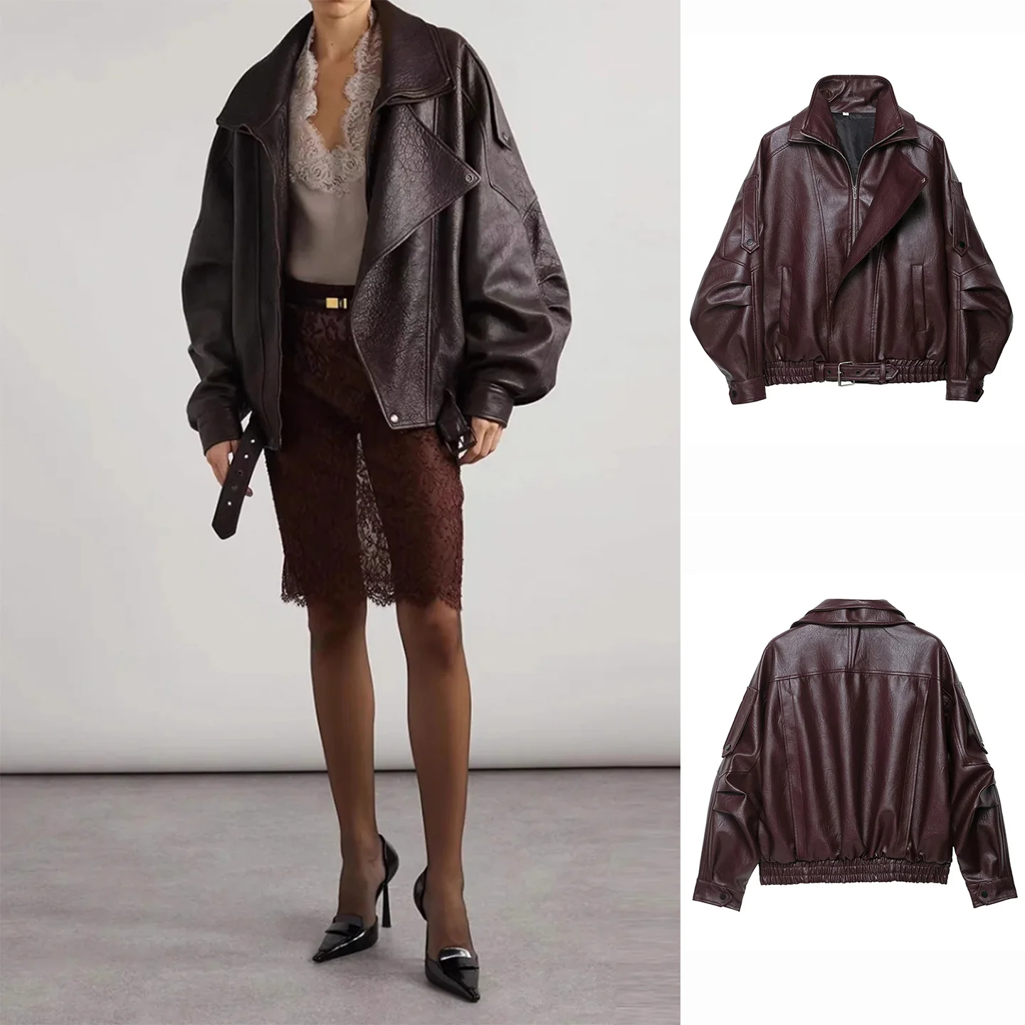 Automne femmes américain rétro bulle motif PU cuir col Long Sve fermeture éclair Sle ort Jaet manteau Faion vêtements d'extérieur