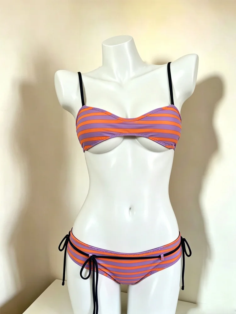 

Y2K women's double-sided striped contrasting striped camisole bikini set 2-piece low waist lace up swimsuit beachwear