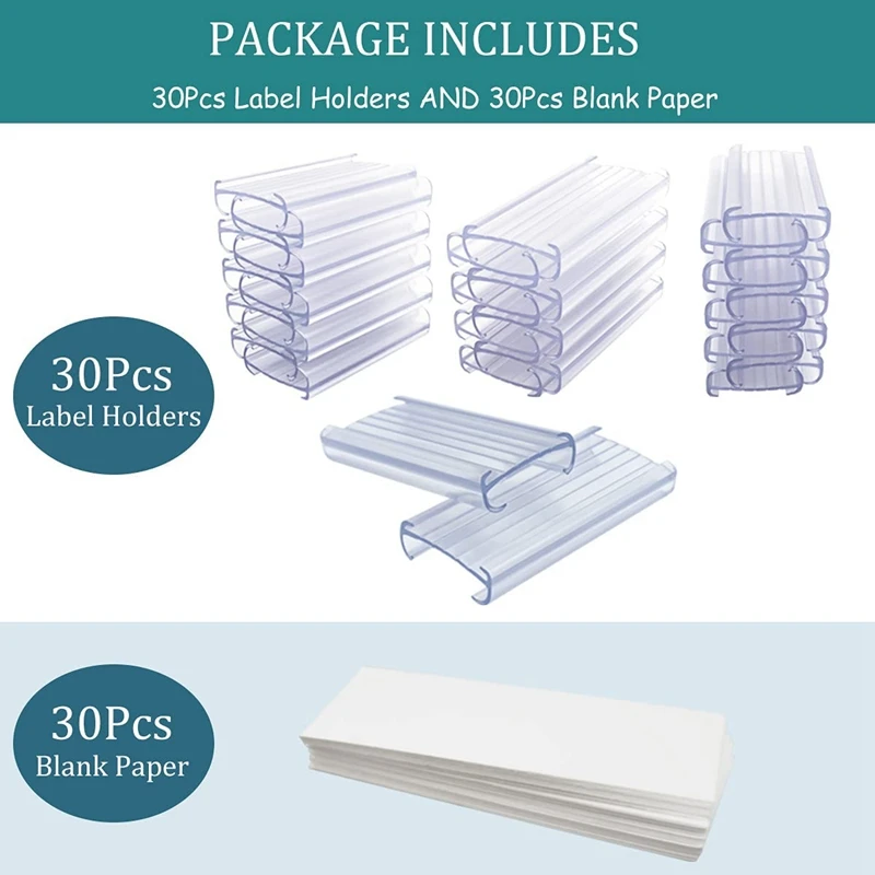 Wire Shelf Label Holders, 30 Pack Plastic Wire Shelf Label Clips with Label Paper Removable Wire Rack Label Holder