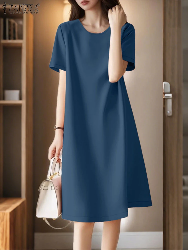 2025 ZANZEA Estate Casual O Collo Manica Corta Vestito Estivo Donna Abito di Colore Solido Elegante Lavoro Abiti Midi Allentato Vestido Sarafans