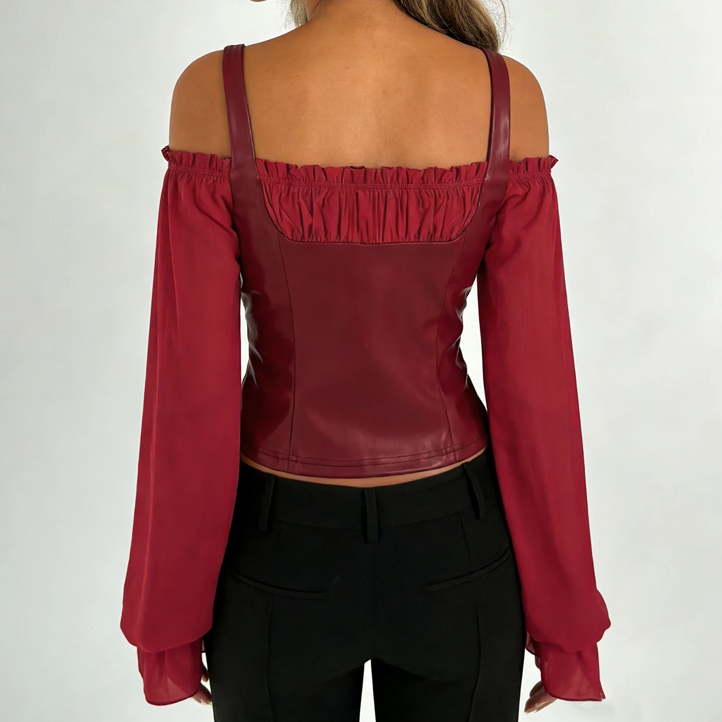 Women’s Burgundy Off Shoulder Long Sleeve Tops Elegant Ruffled Neck Blouse Slim Fit PU Leather Bodice Romantic Balloon Sleeves
