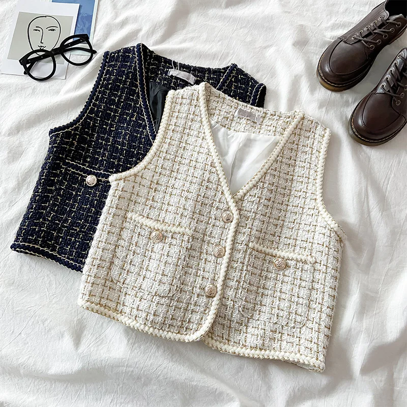 Women's Small Fragrant Style V-neck Sleeveless Plaid Vest Jackets Spring Autumn Thin Slim Age-reducing Single Breasted Waistcoat