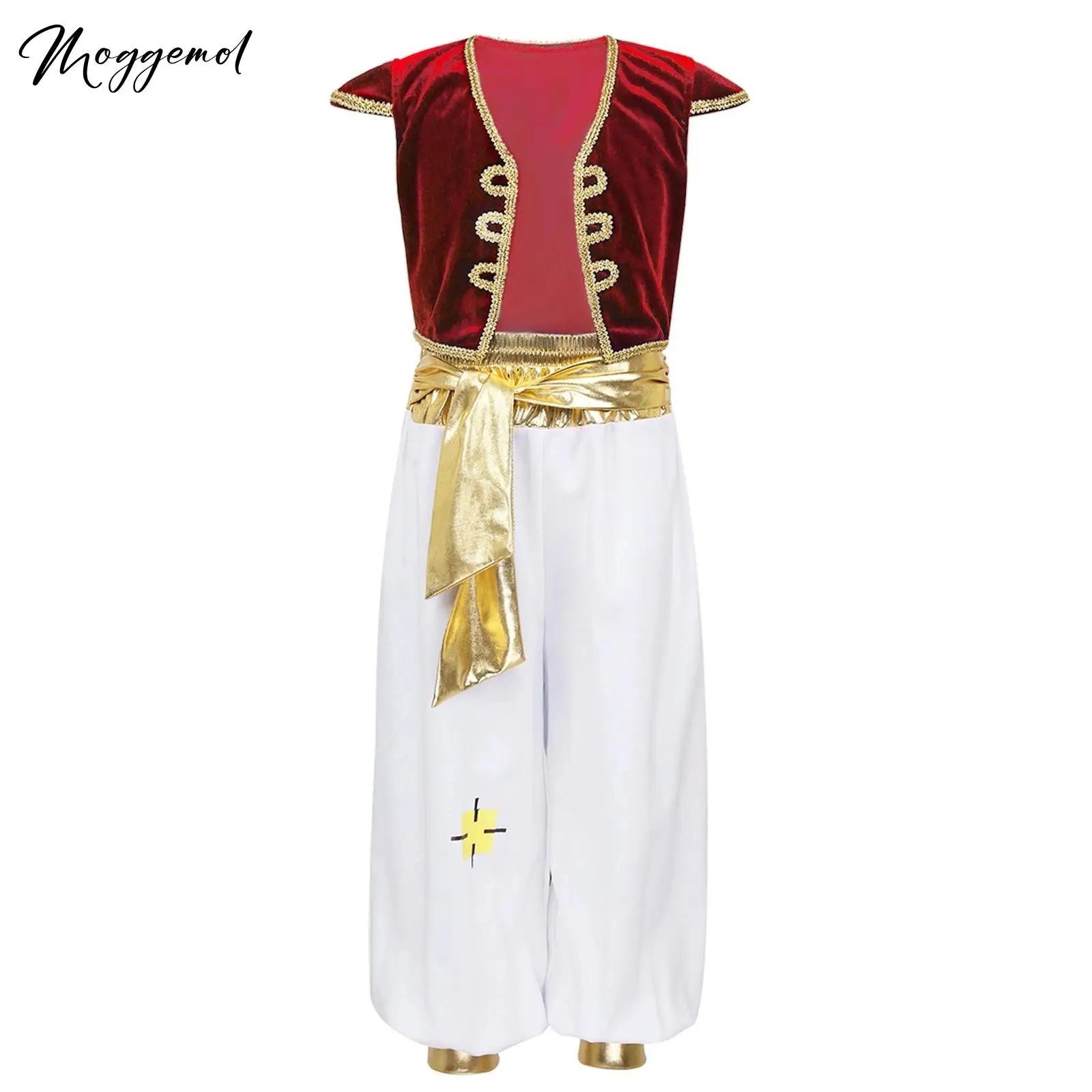 Kids Boys Arabian Prince Cosplay Costumes Cap Sleeves Vest Waistcoat Tops with Pants Indian Outfits for Holiday Parties Dress Up