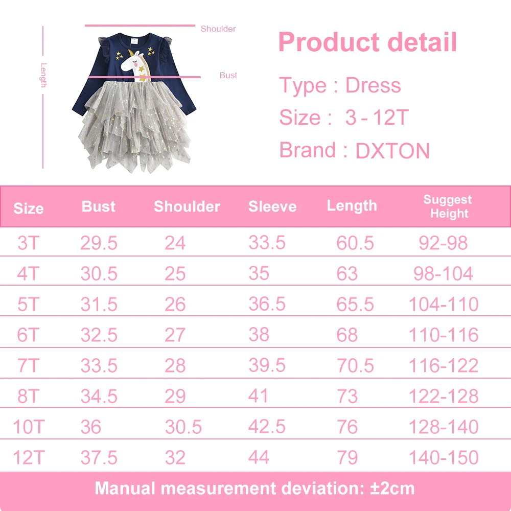 DXTON Autumn Girls Dresses Flying Long Sleeve Children Princess Tulle Dress Appliques Unicorn Cartoon Kids Casual Dresses 3-7Y