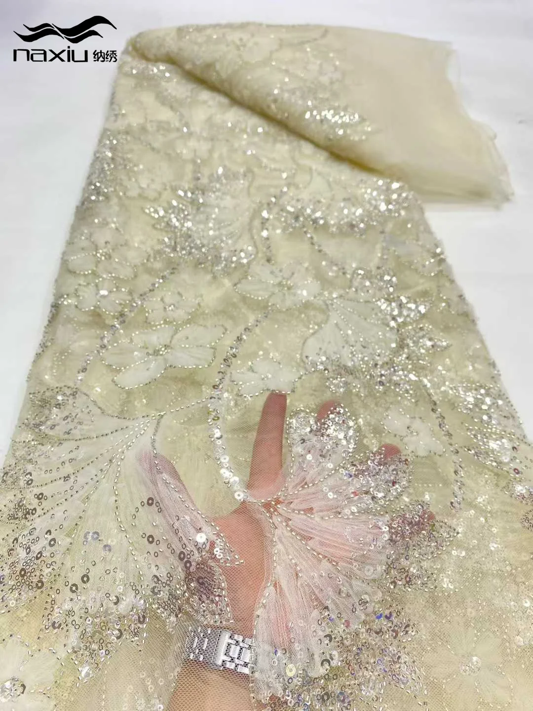 Madison Pink 5 Yards High-end Beaded Fabric Latest African Luxury Sequins Groom Embroidery Fabric French Tulle Lace For Sewing