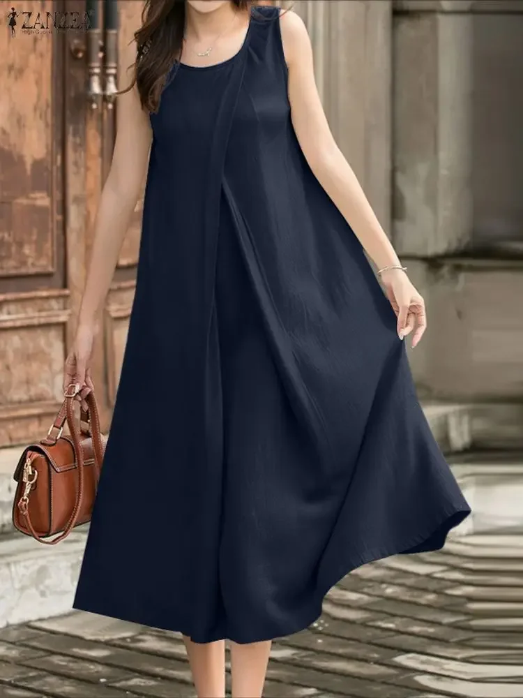 2025 ZANZEA Sexy Women Sleeveless Summer Dresses Fashion Pleated Solid Color Midi Vestidos Vintage Casual Loose Long Shirt Robe