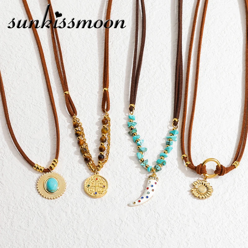 

Boho Handmade Leather Chain Necklaces Stainless Steel Vintage Zircon Sunflower Red Stone Pendant Necklace For Women Jewelry Gift