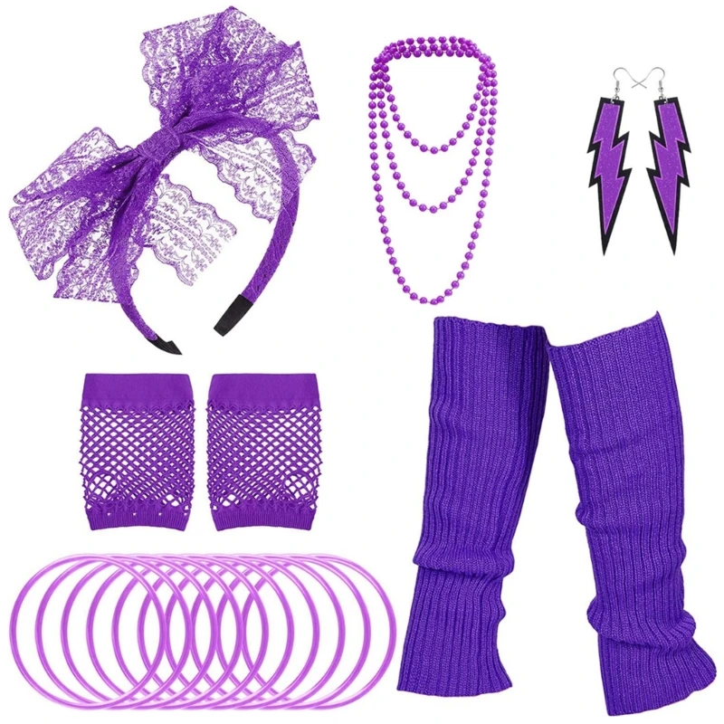 80s Dress Costume Accessories for 80s Party Dress-up Include Headband Earrings Fishnet Gloves Necklace Bracelet