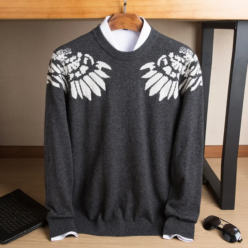 

Angel wing figure youth 100% pure cashmere sweater men's round neck thick Joker high-end sweater in autumn and winter.