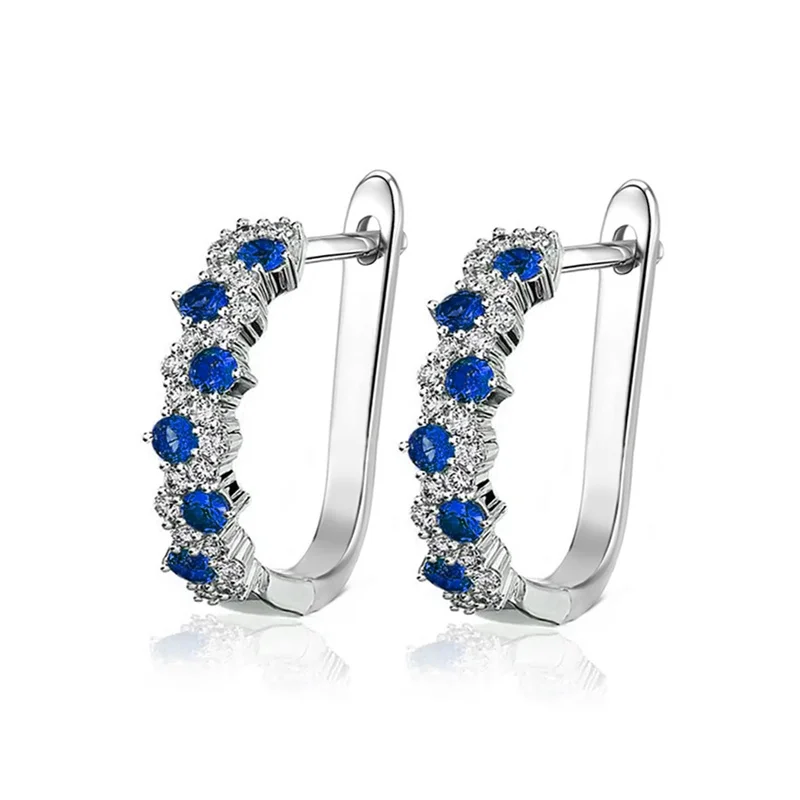 Huitan Hellblaue/grüne Zirkonia-Creolen, weibliche schicke Accessoires für den Alltag, silberfarbener Schmuck für Verlobungsfeier