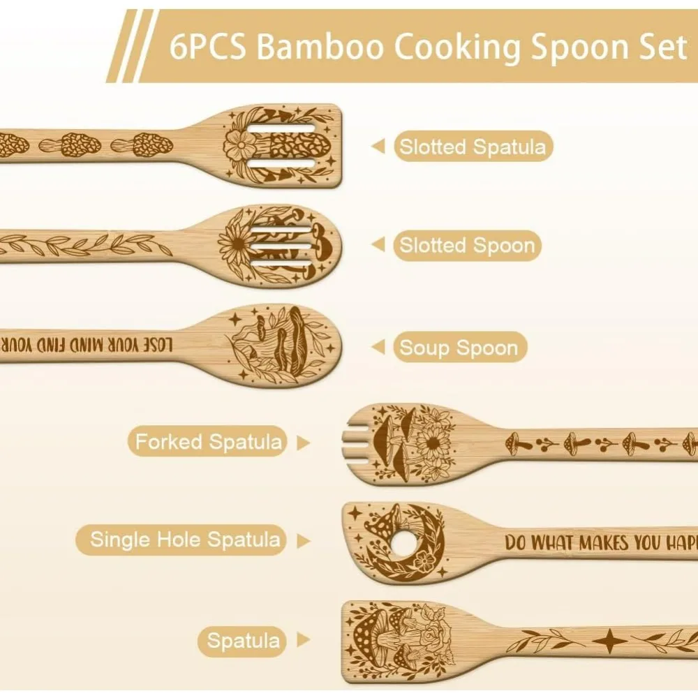 6Pcs Mushroom Bamboo Cooking Utensils Wooden Engraved Cooking Spoons Set Carving Kitchen Bamboo Spatula Set Wood Cooking Spoon