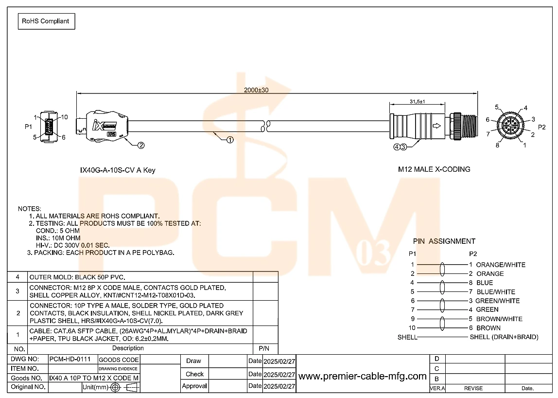 IX Industrial Ethernet Profinet Typ-A auf M12 X-Code Stecker Industriekabel für 3D-Kamera-Sensor Kompaktes Maschinenbildverarbeitungssystem – Detail 1