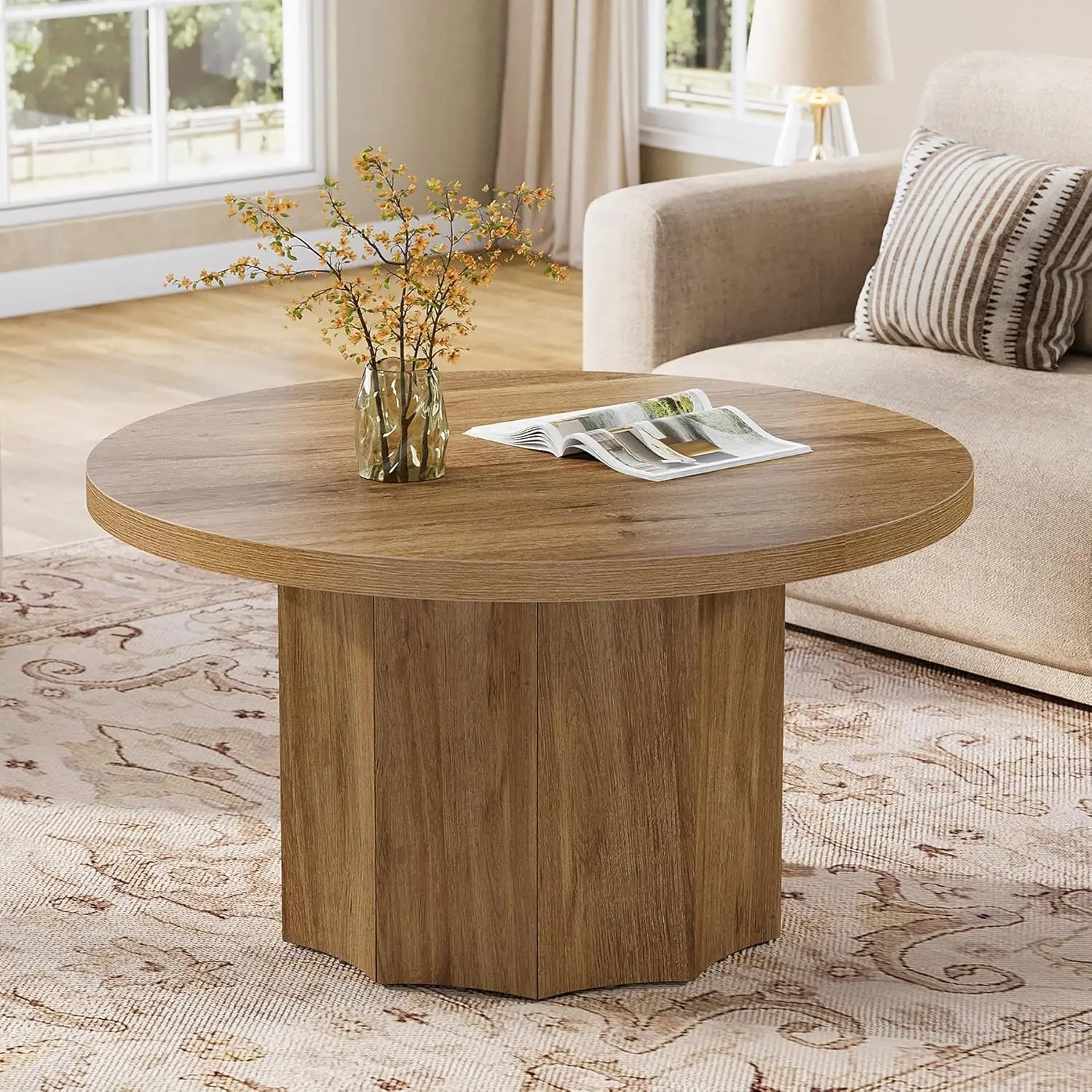 

Round Coffee Table Mid Century Modern Fluted Base Wooden Accent Small Space Living Room Apartment 31.5", Customized