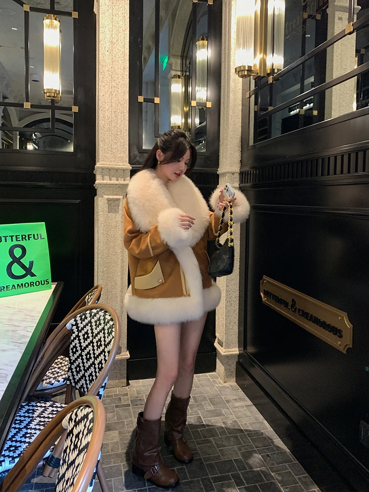 RCLIU ヤングウィメンズ シープスキンファーコート ダウンインナー ヤングスタイル フォックスファー襟 韓国版 ルーズフィット 長袖 冬コート