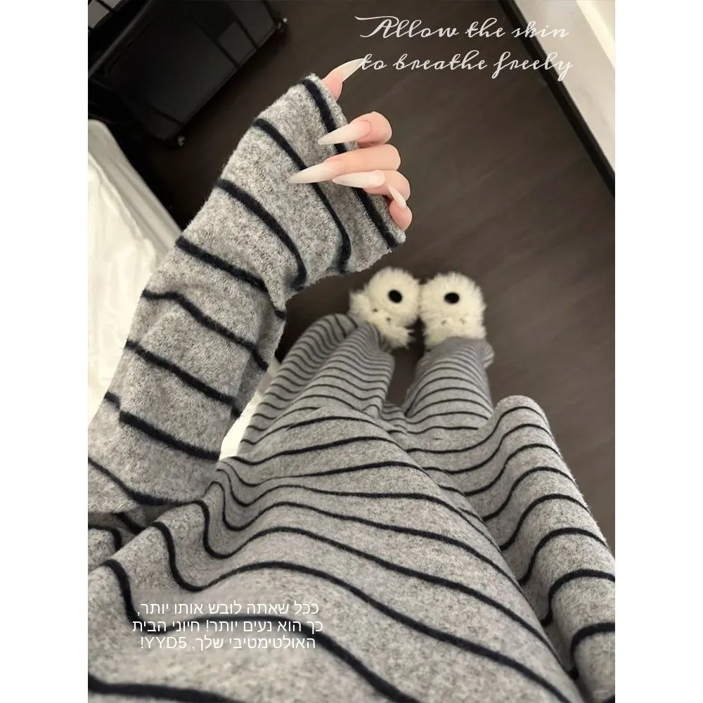Korean Style Striped Double-Sided Velvet Sleepwear Long Sleeve Loose Simple Warm Home Clothes Set for Spring Autumn Winter