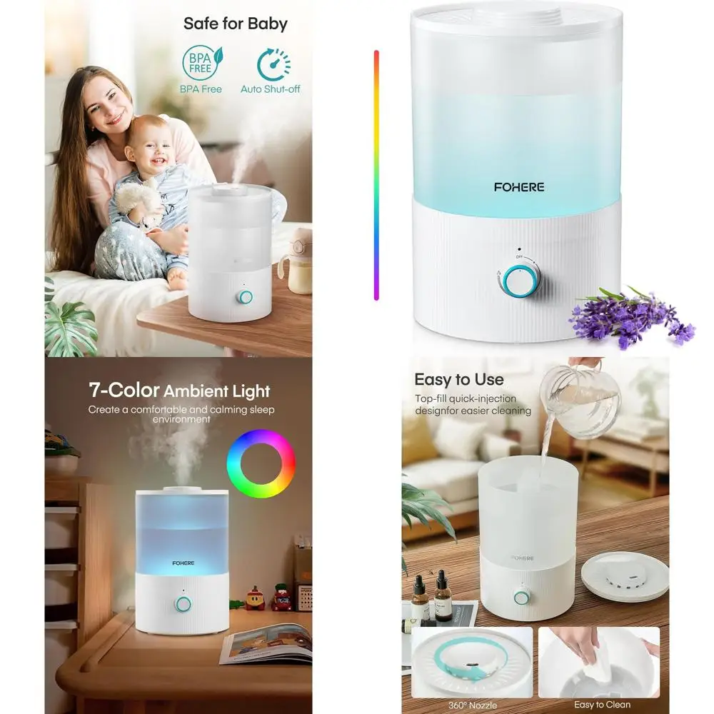 

Увлажнитель воздуха с верхним наполнением 3,2 л для детской комнаты, яслей, дома - 28 часов бесшумной работы, автоматическое отключение, 7-цветная ночная подсветка, без BPA