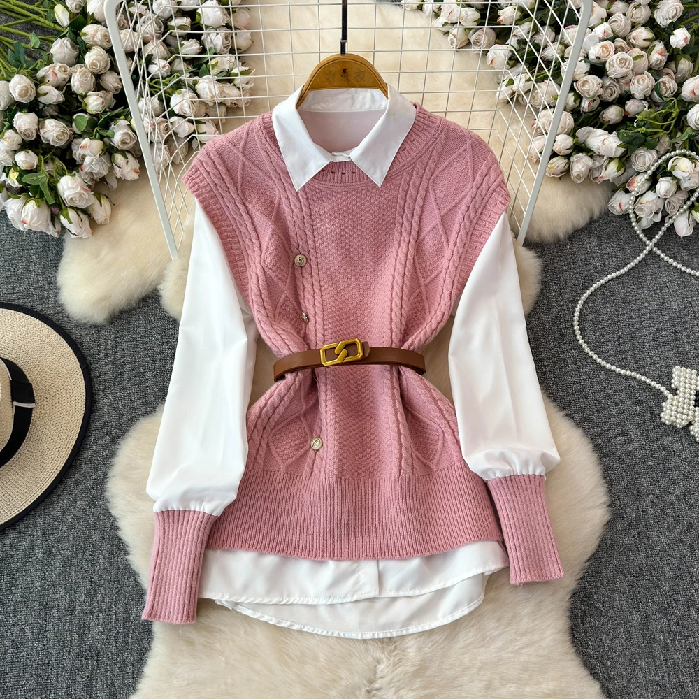 Women Autumn Winter Clothing Suits Sleeveless Knitted Belt Vest+Long Sleeve Patchwork Shirt Tops Outfits Sets