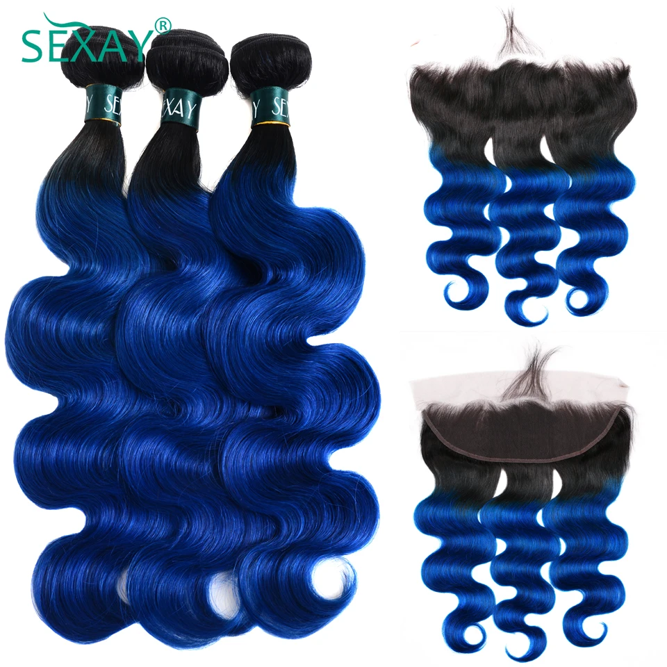 Ombre Blue Bundles With Frontal Pre Plucked Brazilian Body Wave 1B Blue Color Human Hair Weave 3 Bundles With 13x4 Lace Frontal