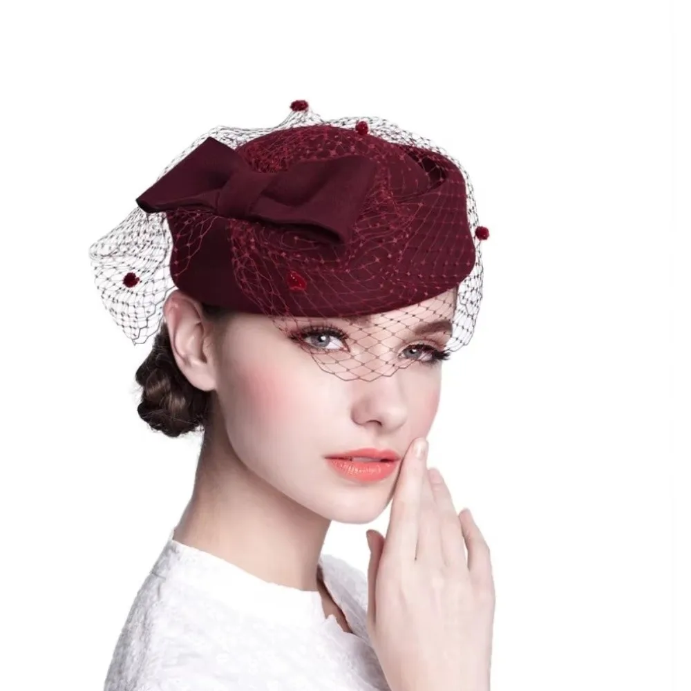 

Fashion Elegant Mesh Wool Jazz Hat Warm Woolen Breathable British Style Hat Bowknot Veil Hat Autumn Winter