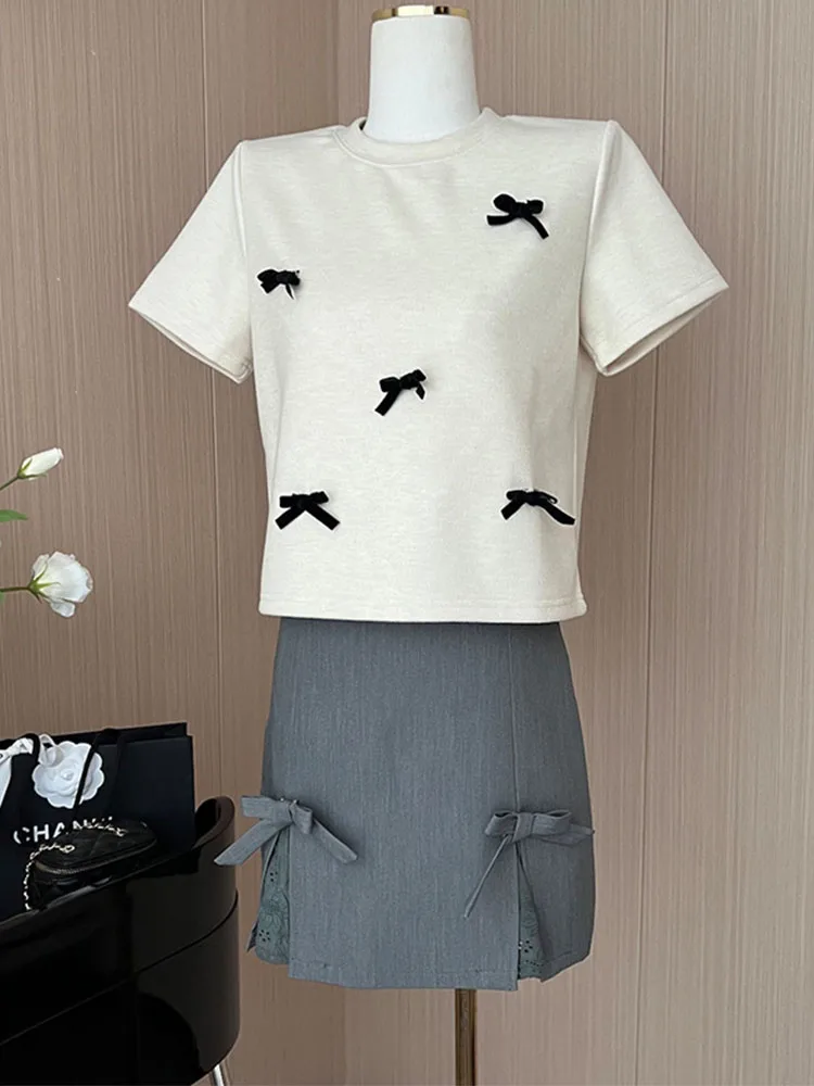 High Quality Grey Skirt 90s Office Lady Classical Cozy A-Line Skirt Casual High Street Kawaii Bow High Street Japanese Fashion