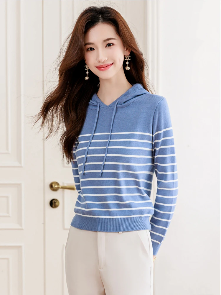 

Korean Version Women Striped Hooded Pullover Sweater Autumn Winter Long Sleeve Knitted Tops 2025 Ladies Clothing Fashion Casual
