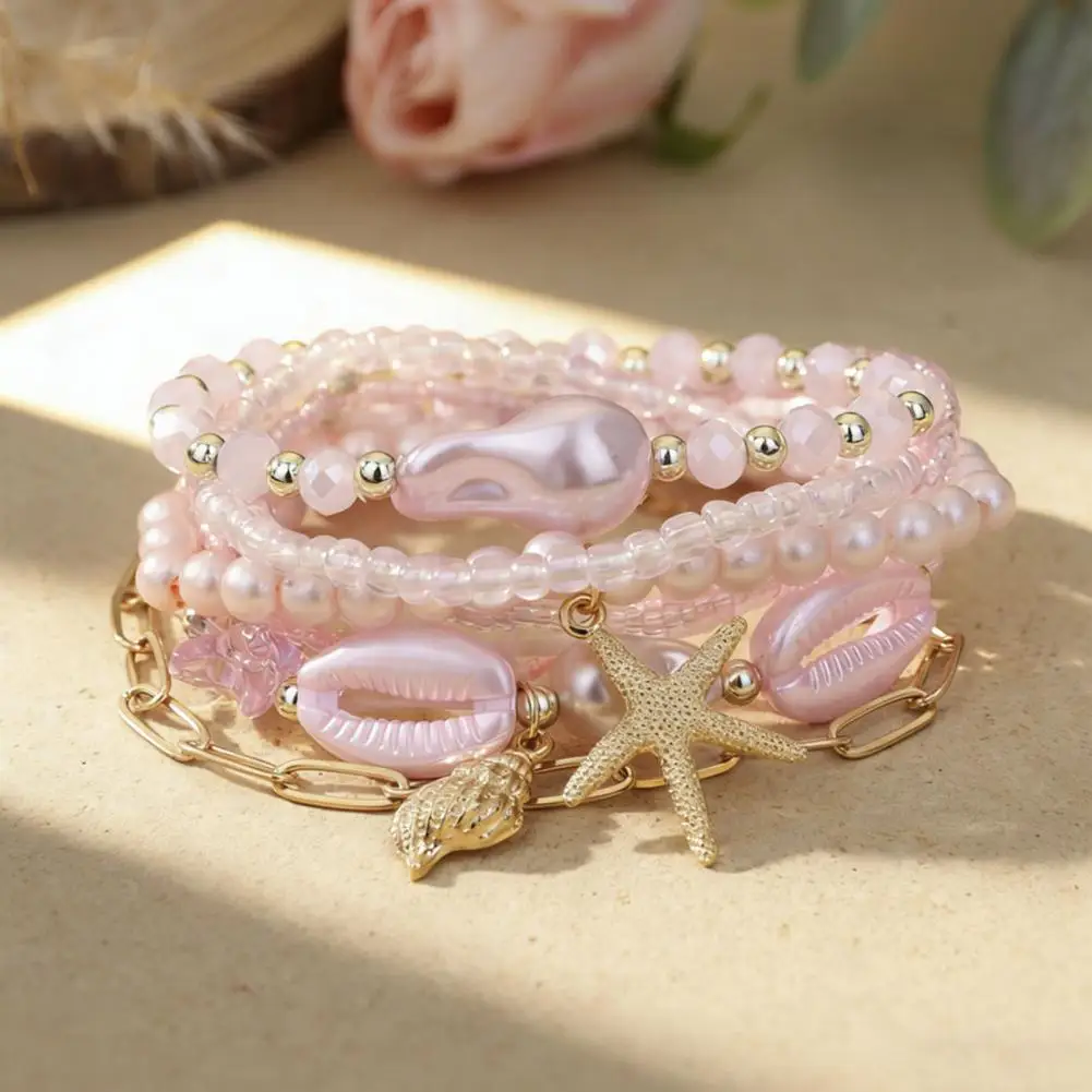 Gold Plated Bead Bracelet Summer Beach Bracelet Set for Women Faux Pearl Seashell Starfish Boho Layered Beaded Stretch Bracelets