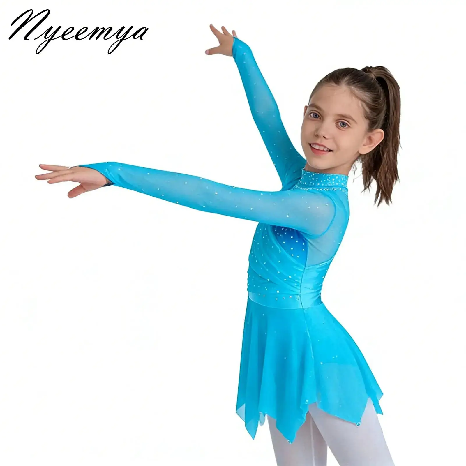 

Kids Girls Ballet Modern Artistic Performance Dance Dress Long Sleeves Irregular Hem Ruched Mesh Dress for Figure Skating Show