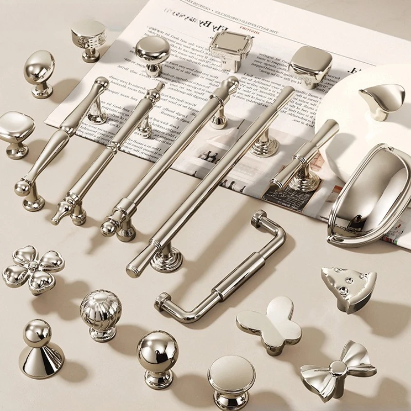French Zinc Alloy Wardrobe Door Pull Handle Titanium Silver Bright Silver Drawer Single-Hole Cabinet Solid Knob Furniture Handle