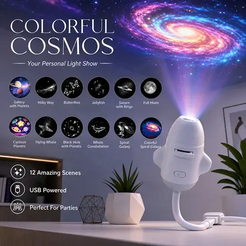 USB 2‑in‑1 Star Nebula Projector Night Light Adjustable Flexible Neck Galaxy Sky Lamp For Kid Bedroom Car Interior Xmas Present