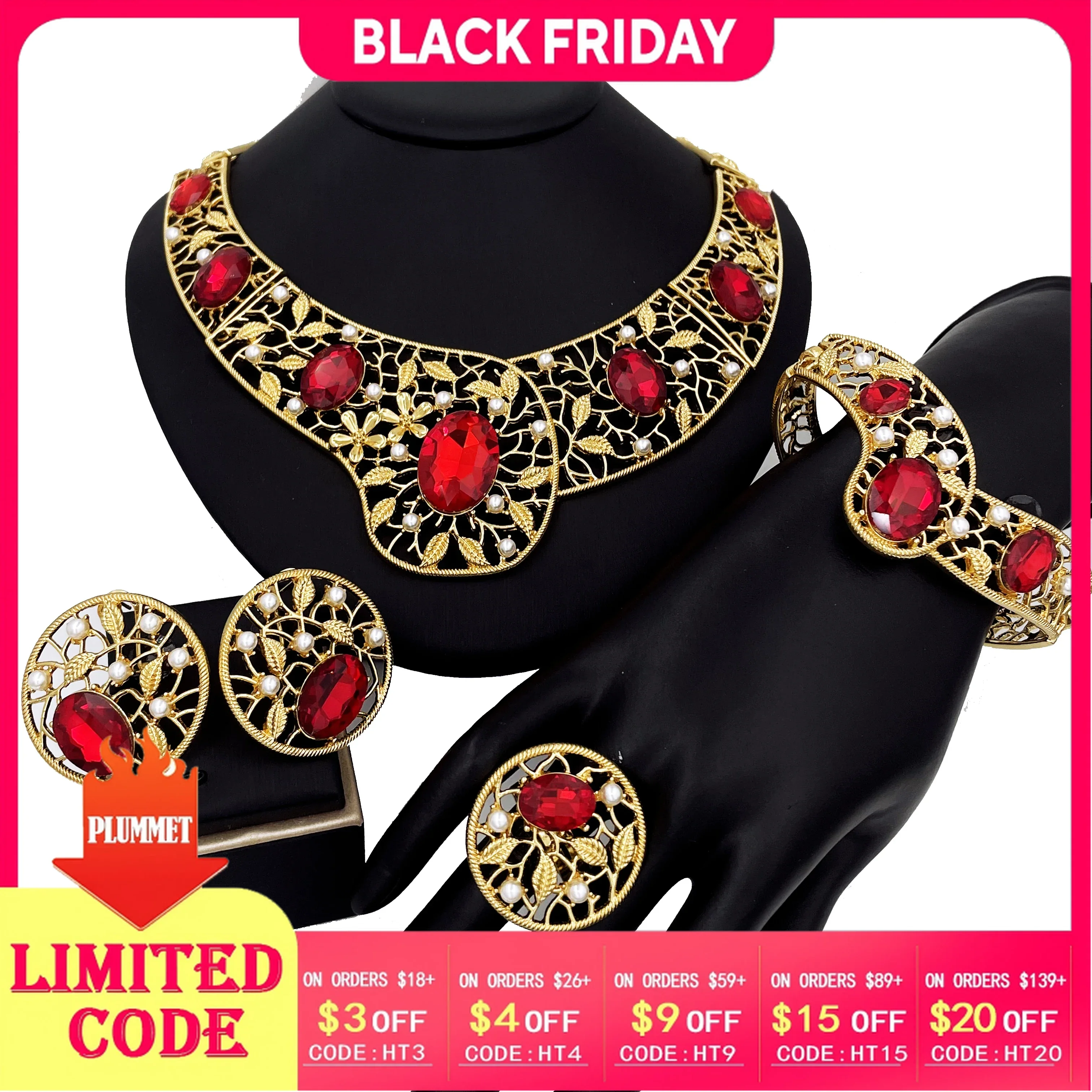 

Hight Quality Big Jewelry Set Luxury Red Zircon Necklace Bracelet Earring Rings African Dubai Nigeria Wedding Gifts
