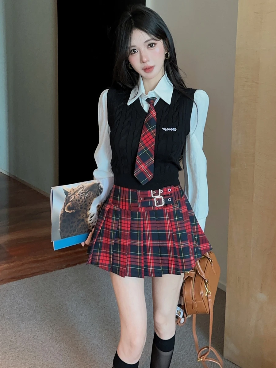American American Retro College Style JK Uniform Slim Fit Knitted Vest Tie Shirt High Waist Pleated  Skirt Women's Fashion Set - Aliexpress Deal