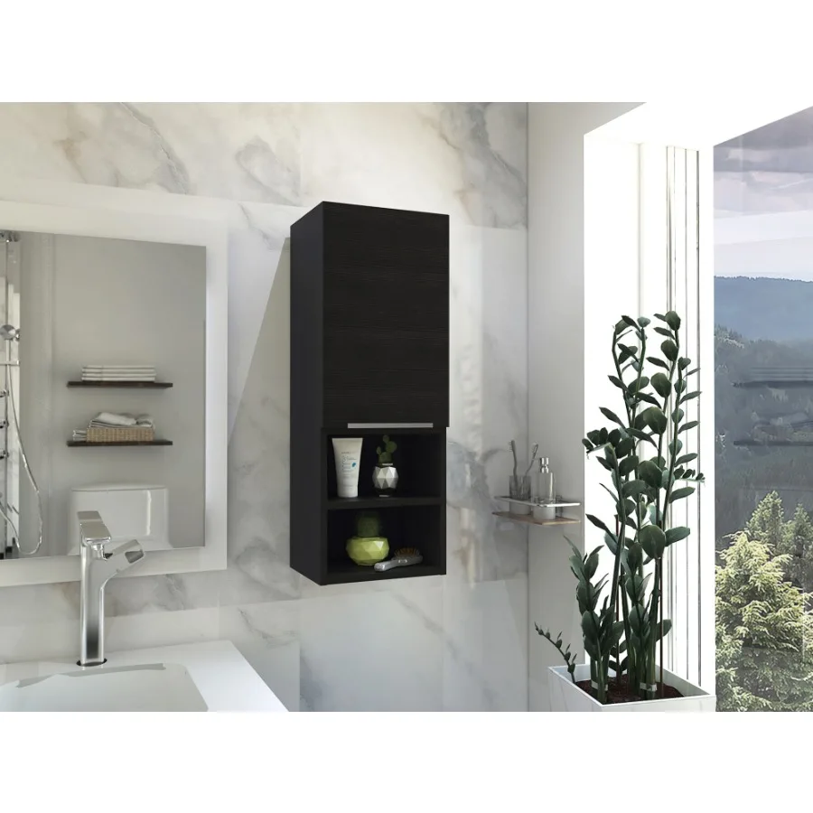 

Mila Bathroom Cabinet; Two Interior Shelves; Two External Shelves; Single Door Cabinet Black