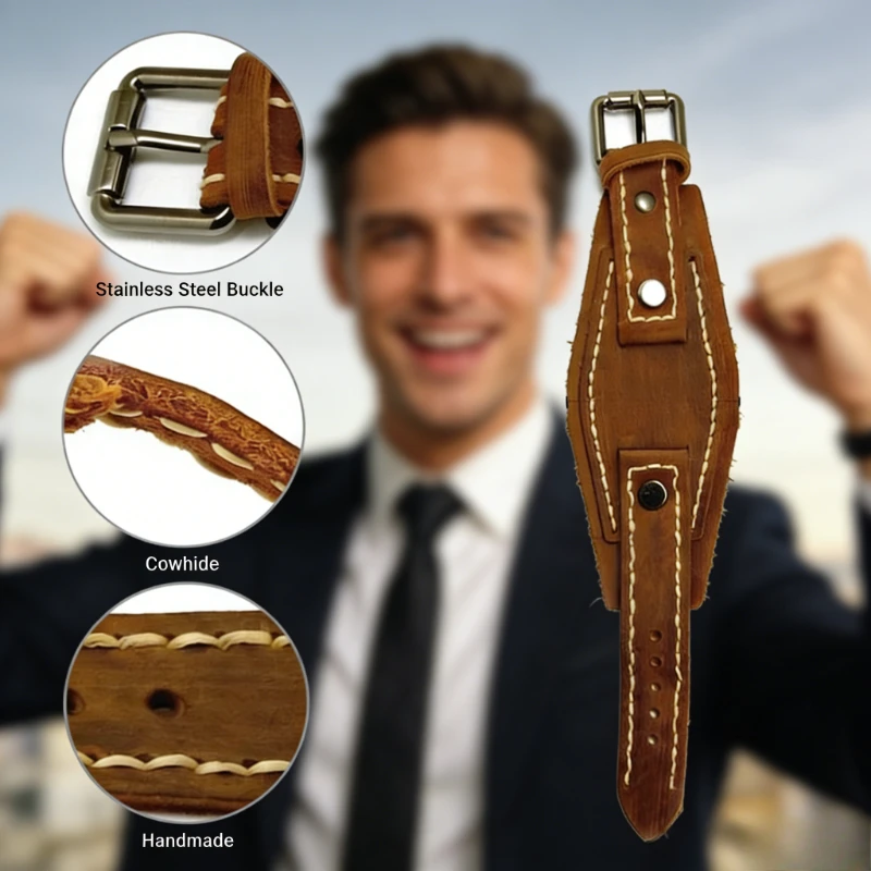 Retro genähtes breites Leder-Uhrenarmband, braun, Ersatz-Uhrenarmband für Herren und Damen, Uhrenzubehör
