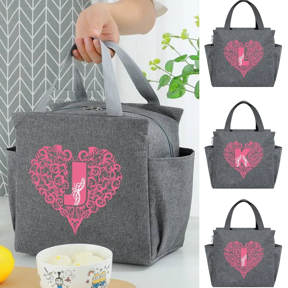 Love Letter Printed Pattern Aluminum Foil Insulated Lunch Bag Kids Food Storage Bags for Girl Teenage Grey Cute Lunch Box Design