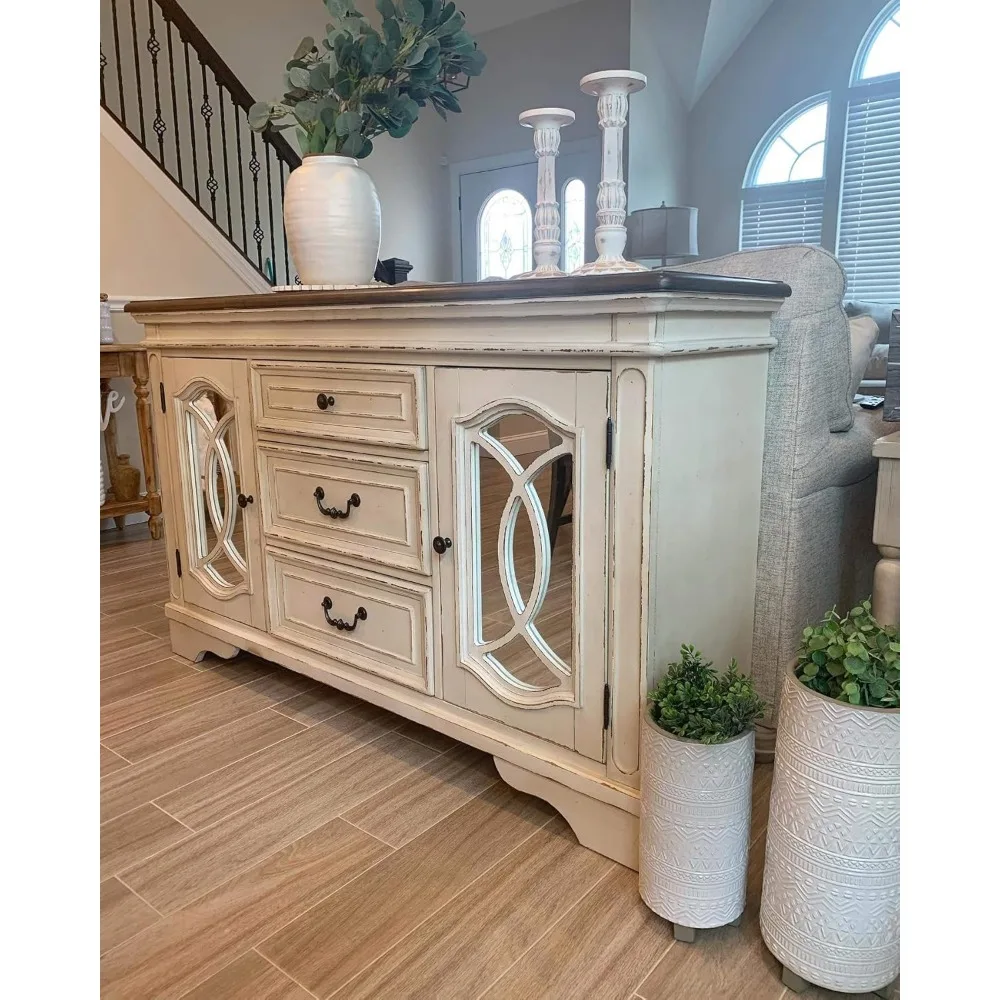 Realyn Frans Land Verontruste Eetkamerbuffet Of Server, Wit Afgebroken