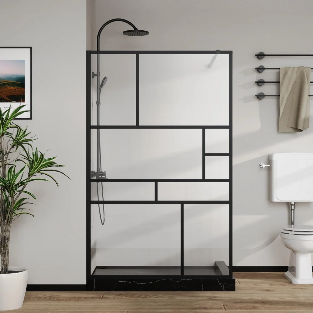

Goodyo 46" X 72" Shower Door Walk-in Black Finish Grid Pattern