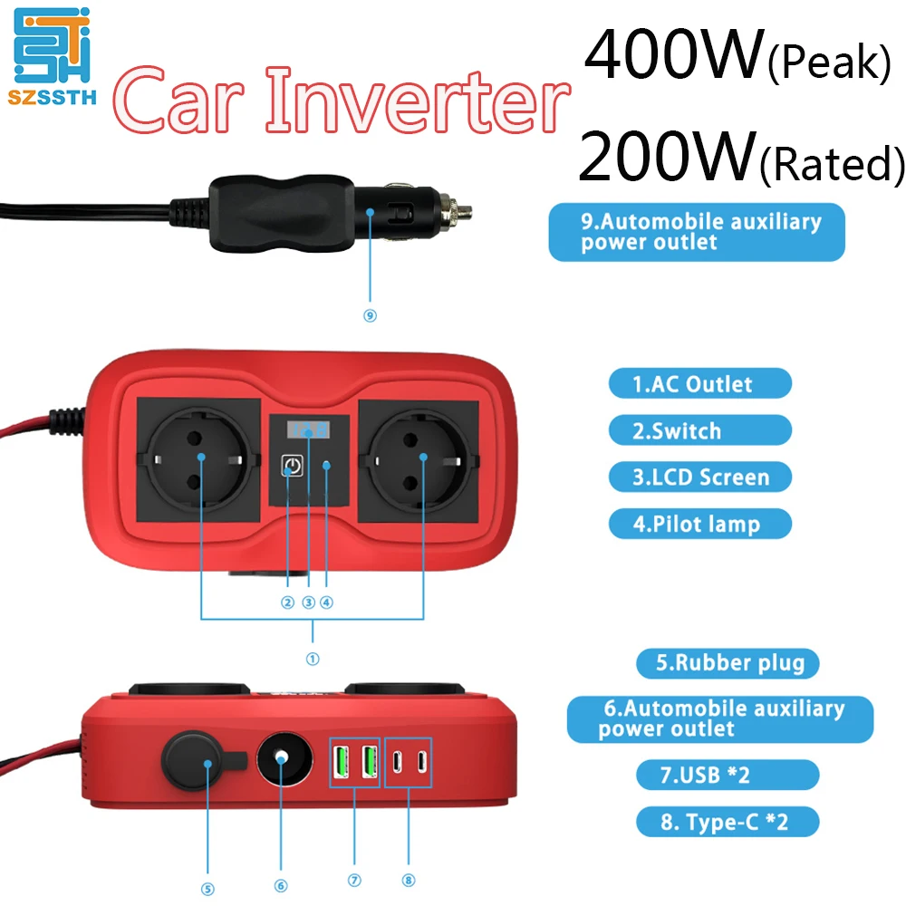 400W Peak Car Power Inverter 200W Rated Powe DC 12V To AC 220V 2 USB +2 TypeC Modified Sine Wave Auto Adapter Converter Charger