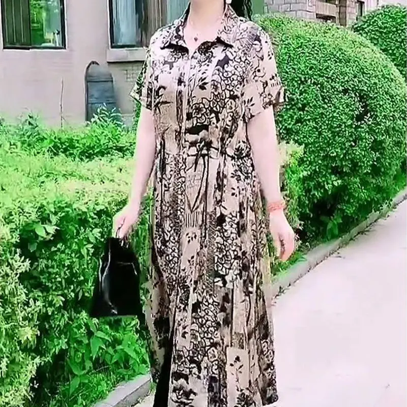 Vintage Printed Single-breasted Midi Dress Casual Turn-down Collar Fashion Drawstring 2023 Summer Female Clothing A-Line Dresses