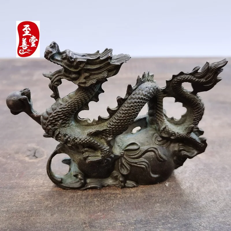 Antique collectible, old patina, imitation antique alloy copper living room decoration, zodiac flying dragon11*3*7CM