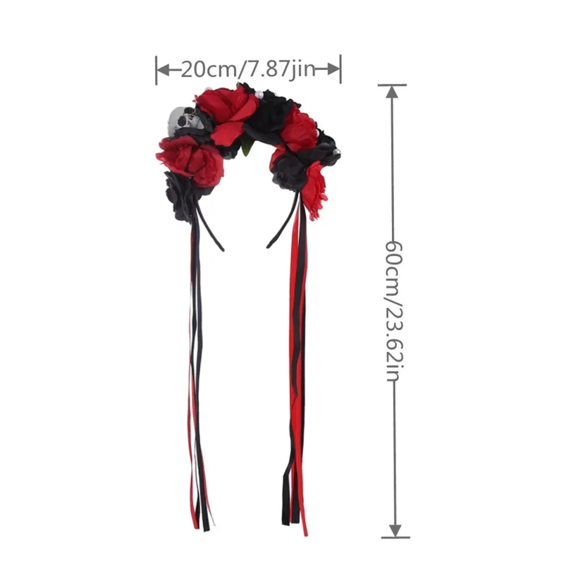 Mexican Flower Crown Headband Halloween Skull Head Buckle Dark Lolita Hair Hoop Simulated Flower Dress Red Ribbon