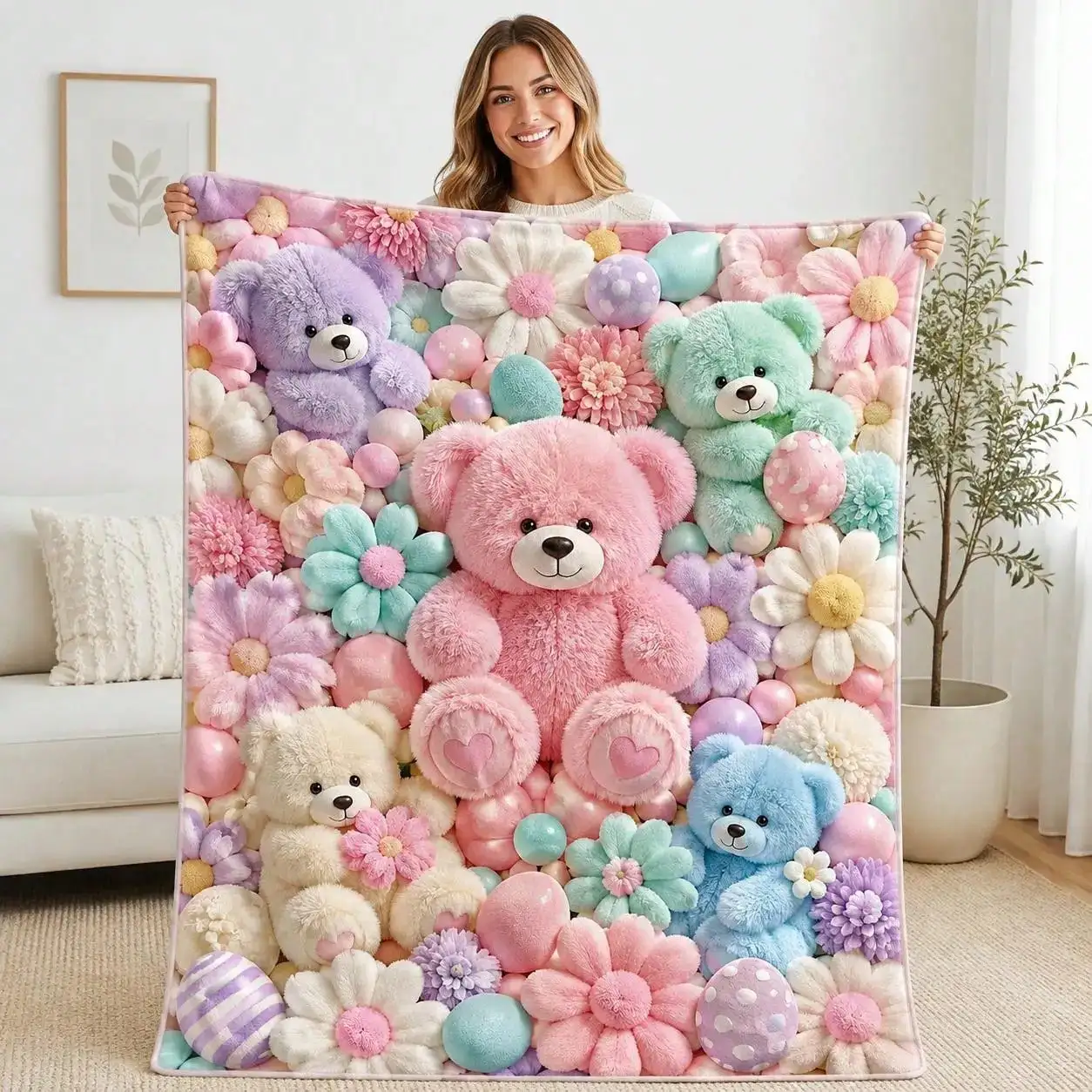Teddy Bear Floral Blanket 2D Flat Cartoon Print Ultra Soft Flannel Throw Blanket Cute Colorful Bear Aesthetic Lightweight Cozy Warm Blanket For Sofa Couch Bed Bedroom Decor Travel Camping Halloween Decorations Christmas Decorations